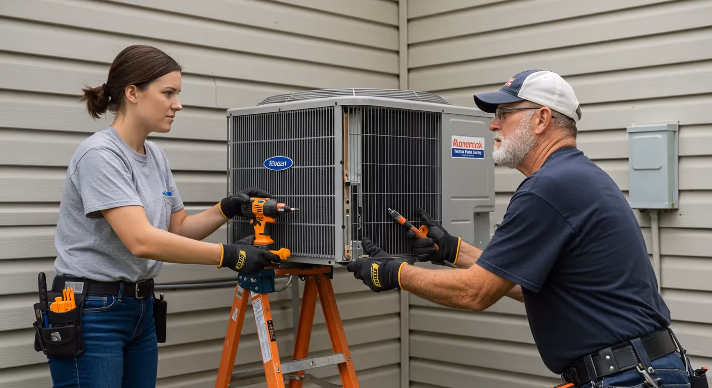 A male and female technician team works together to install a residential outdoor AC unit, with the unit resting on a small ladder.