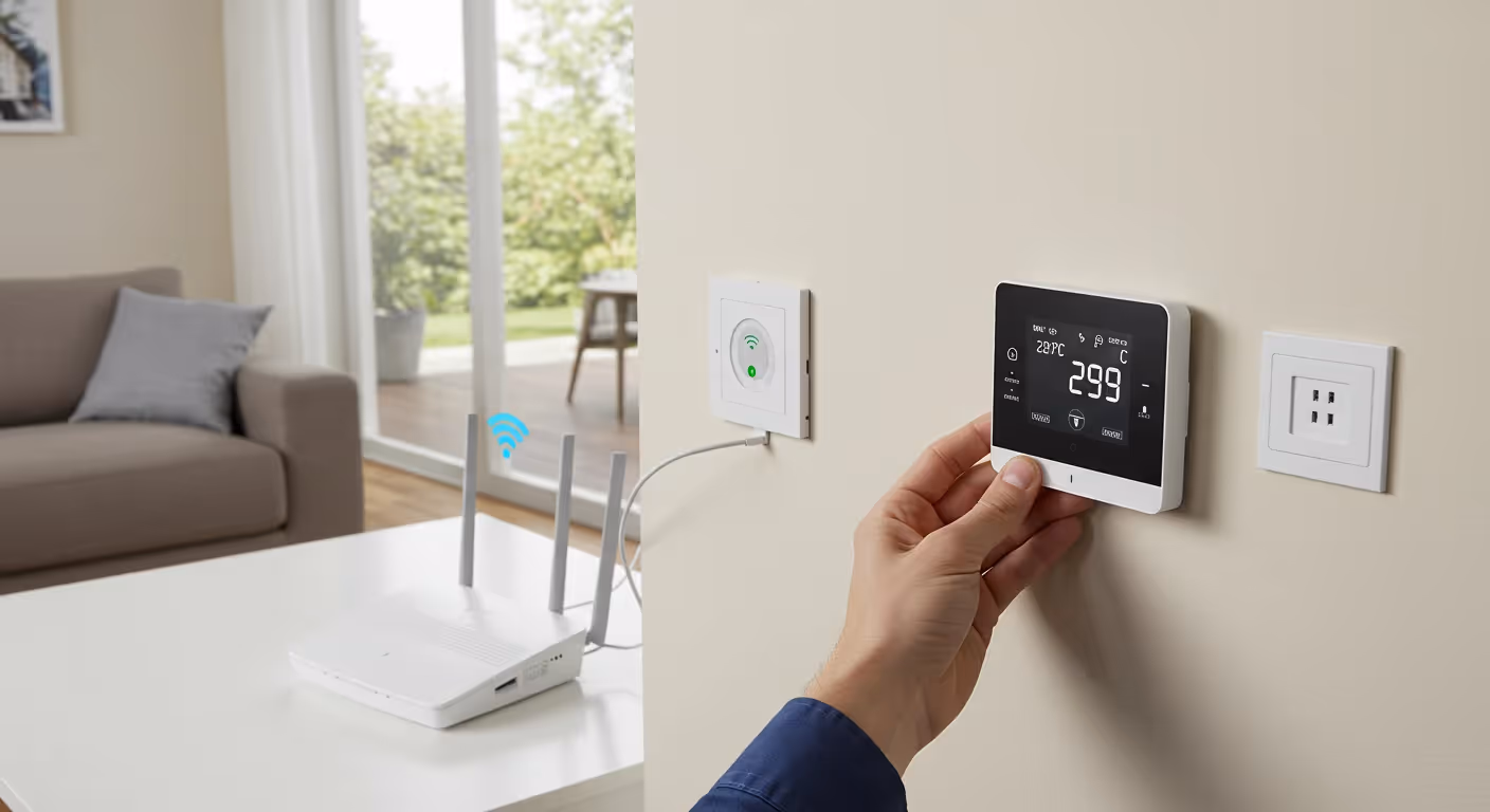 Hand installing thermostat near wireless router.