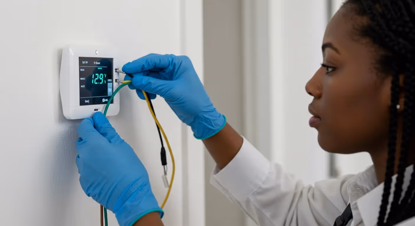 Technician installing digital thermostat on wall.