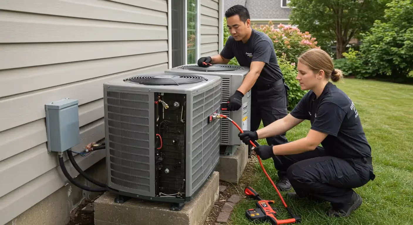 Two HVAC technicians, a man and a woman, are working together to install a new outdoor AC unit next to a residential home.