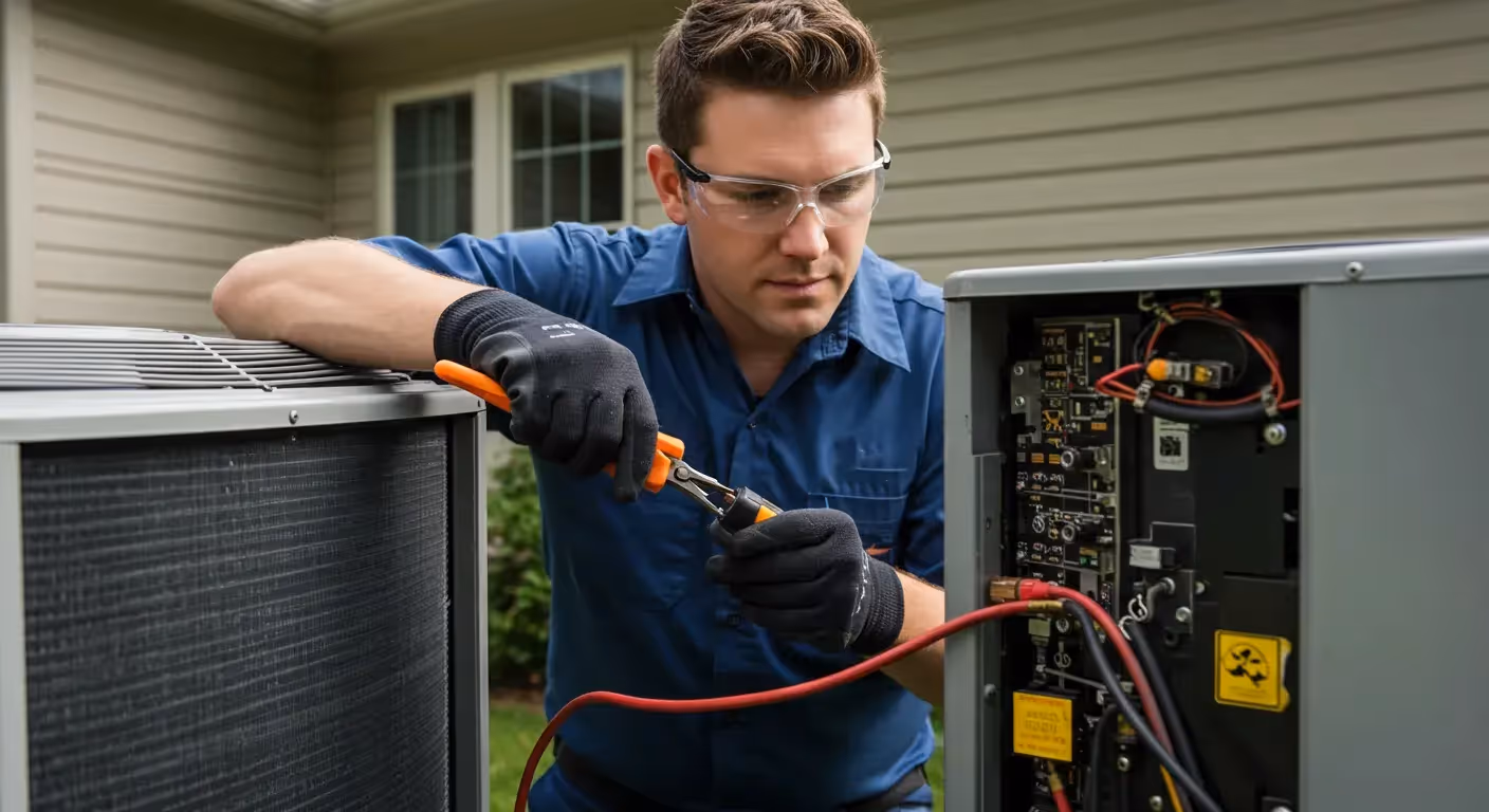A technician wearing safety glasses and gloves uses pliers to work on the wiring inside an open AC unit.