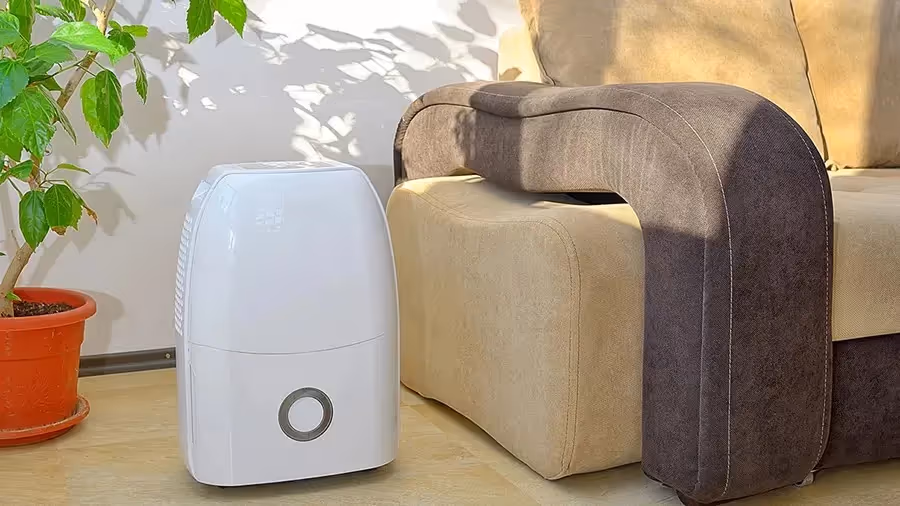 Compact white dehumidifier sits beside couch.