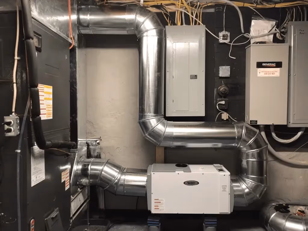 Whole-house dehumidifier integrated with HVAC ductwork.