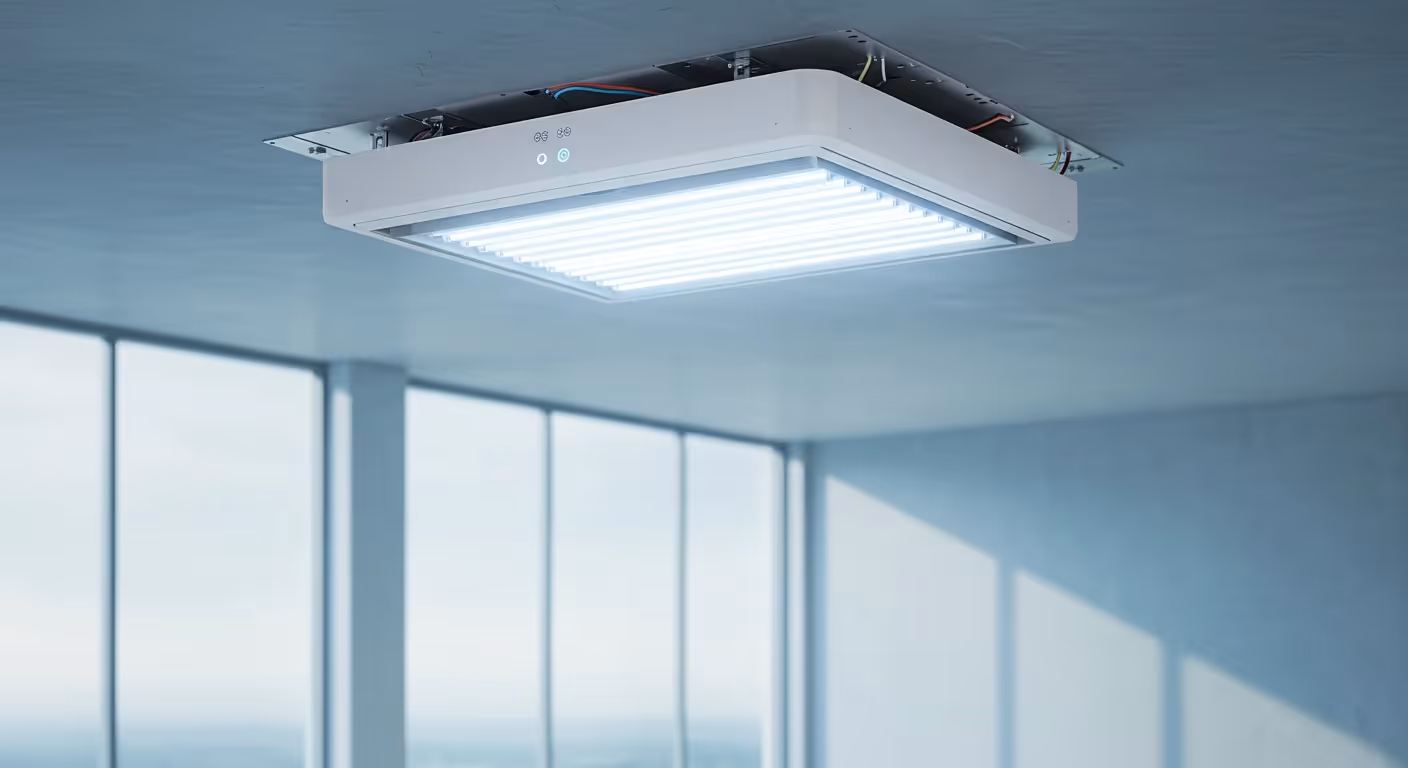 Ceiling-mounted UV-C light fixture with blue-white glow, used for sterilization in modern indoor spaces.