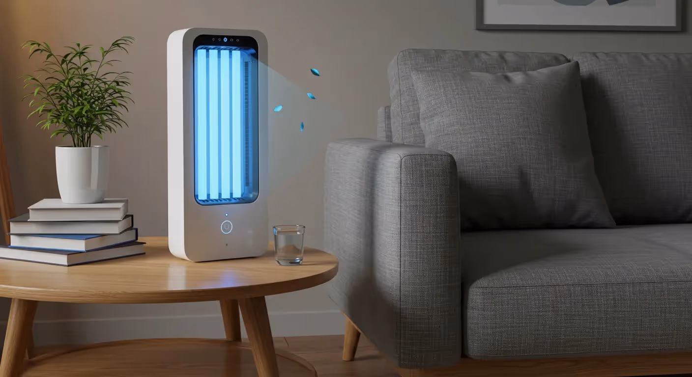 UV-C air purifier glowing blue on a wooden side table in a modern living room with sofa and decor.