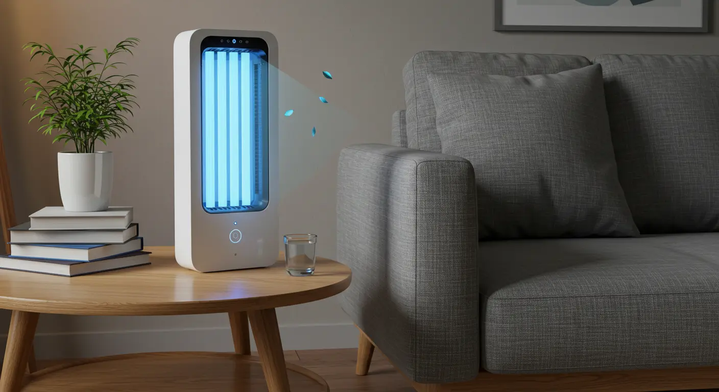 UV-C air purifier glowing blue on a wooden side table in a modern living room with sofa and decor.