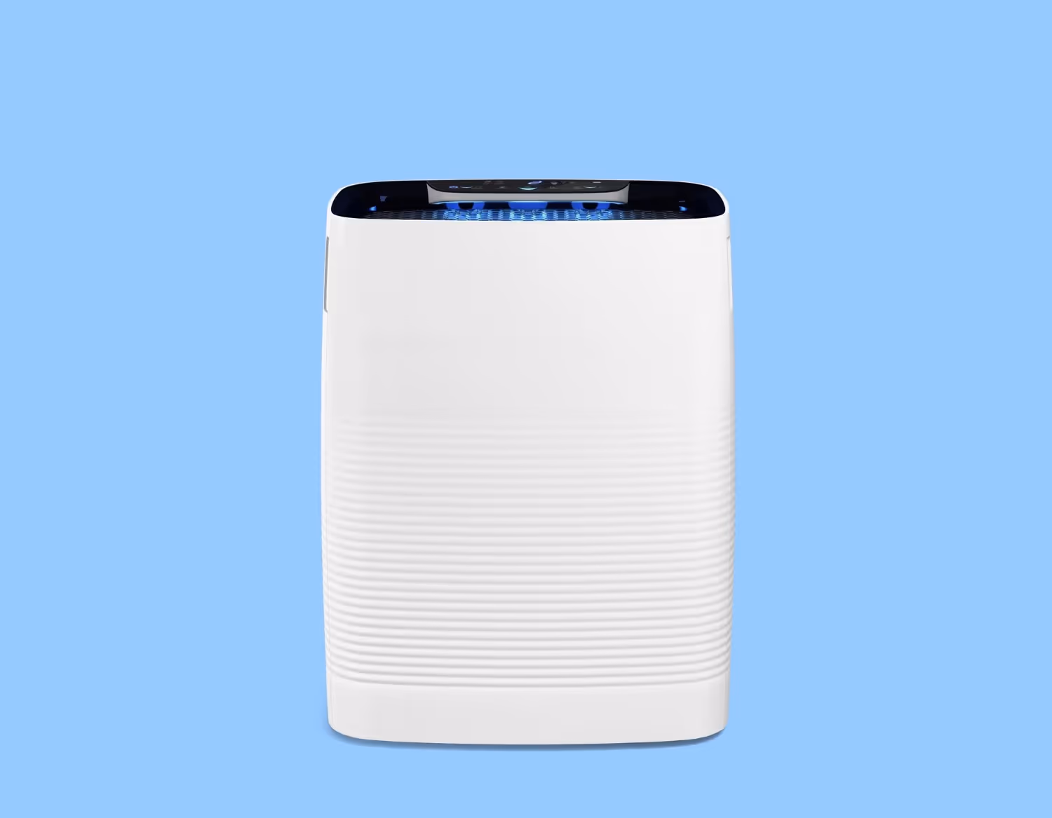 A front view of a white rectangular air purifier with a horizontally ribbed body and a black top control panel emitting a blue light. The device is centered against a solid light blue background.