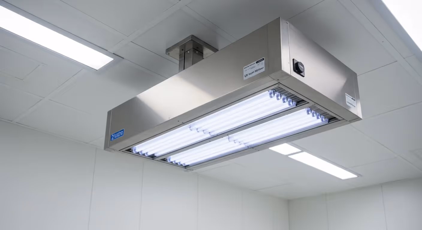 Ceiling-mounted UV-C light fixture with blue-white glow, used for sterilization in hygienic environments.