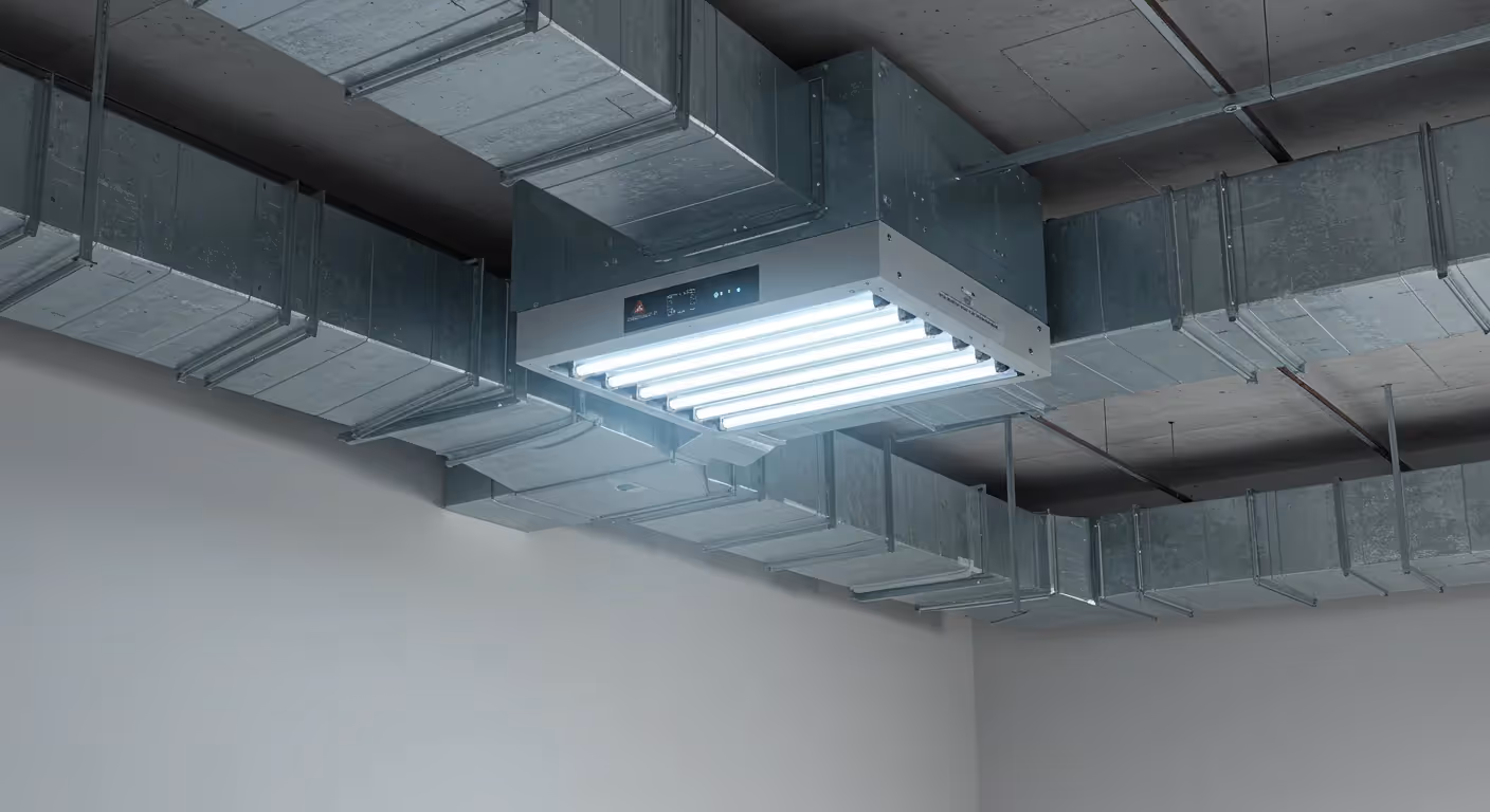 Ceiling-mounted HVAC duct with active UV-C purification unit, featuring glowing bulbs for air sterilization.