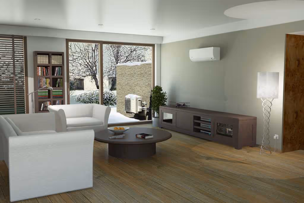 Modern living room featuring a ductless HVAC system mounted on the wall, cozy seating area with white sofas, wooden flooring, and a coffee table, showcasing energy-efficient home comfort solutions in a stylish environment.