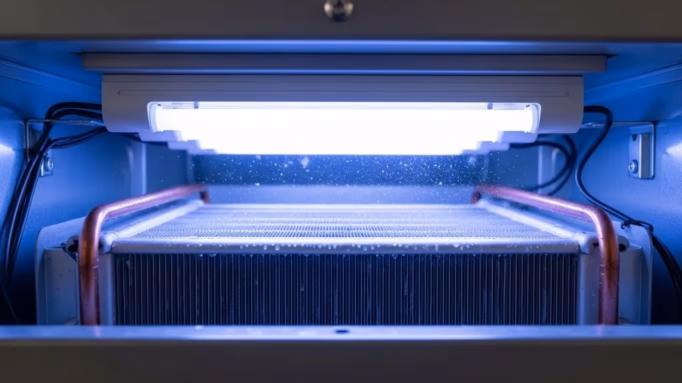 Close-up of HVAC evaporator coil with active UV-C lamp above, used to prevent microbial growth.