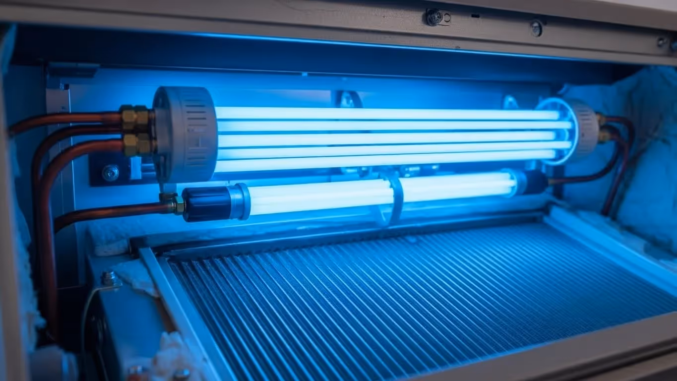 Interior view of HVAC system with glowing UV-C tubes and copper piping, used for air sterilization.