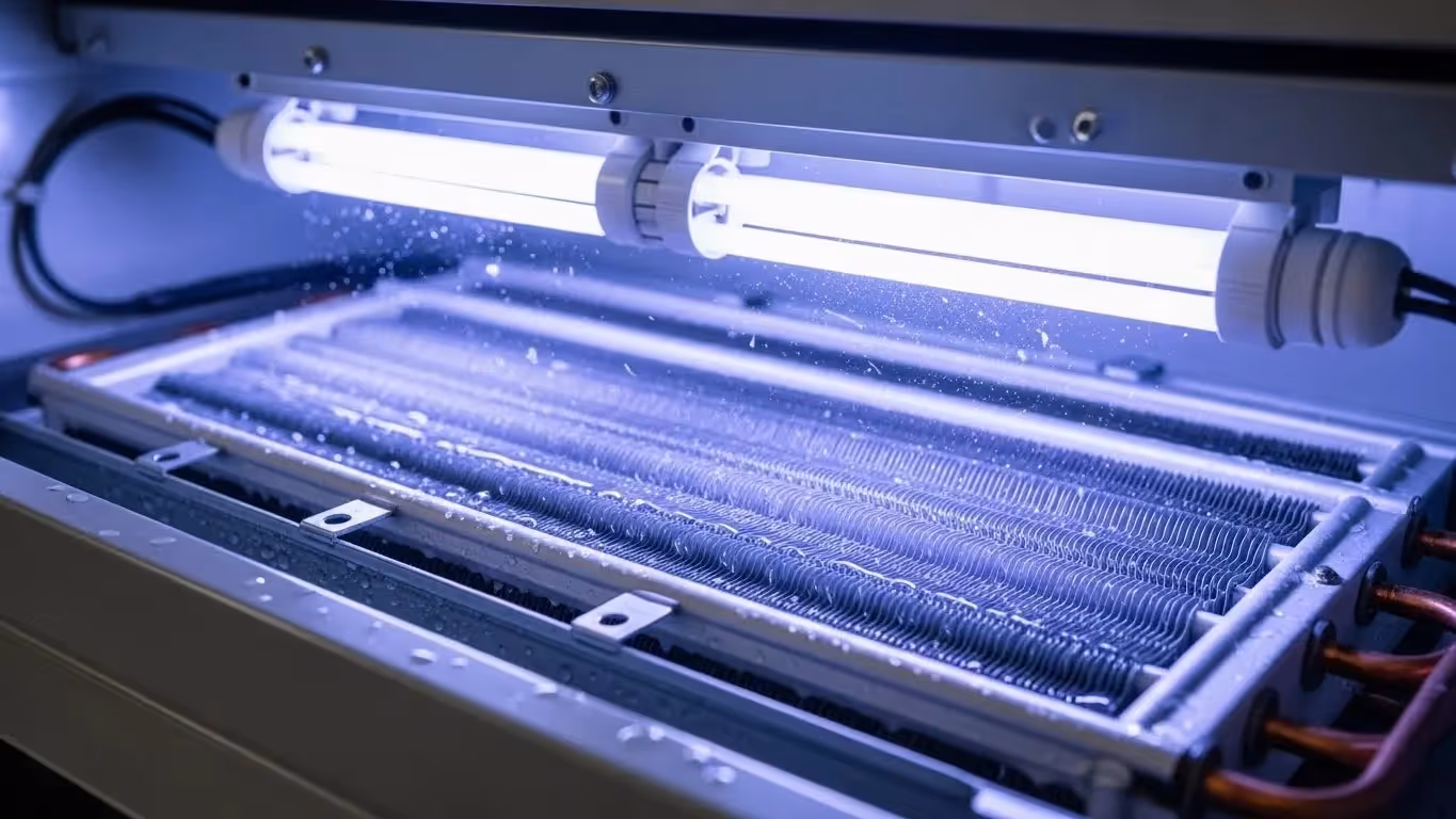 Close-up of HVAC evaporator coil with active UV-C lamps above and visible condensation droplets.