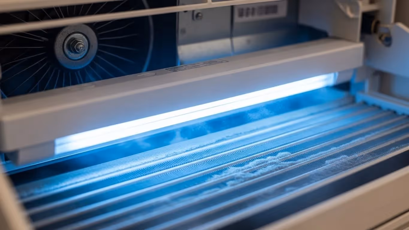 Close-up of HVAC evaporator coil with active UV-C lamps above and visible condensation droplets.