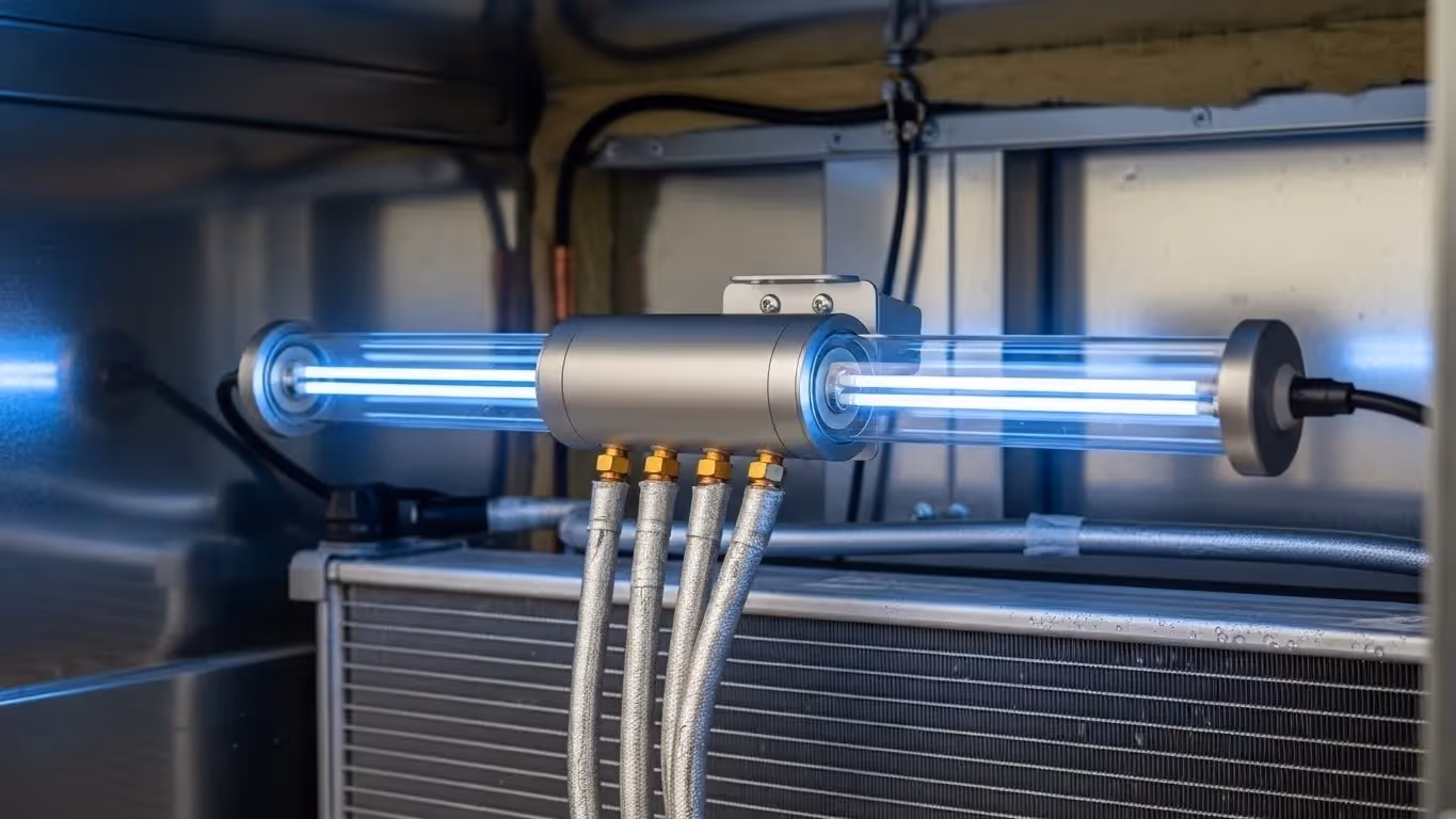 Close-up of HVAC UV-C sterilization unit with glowing tubes and connected flexible metallic refrigerant hoses.
