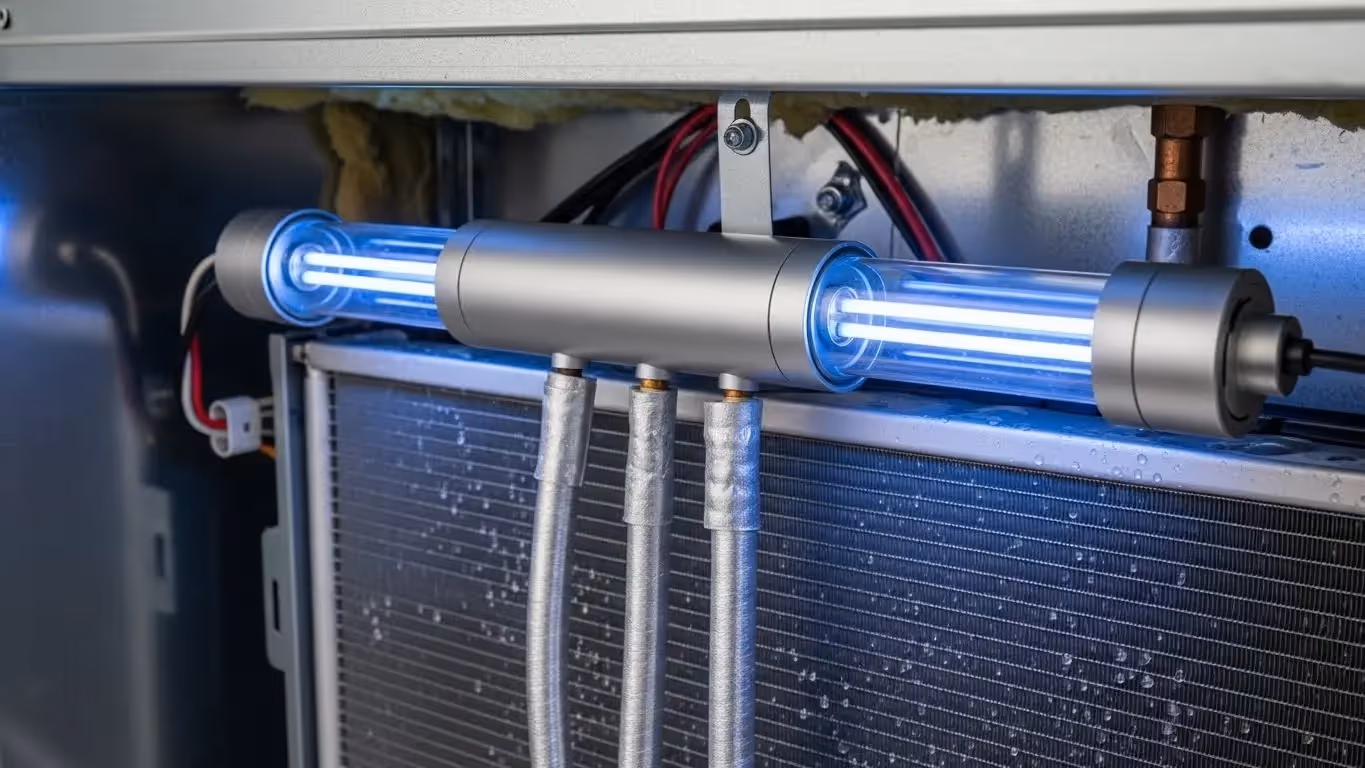 Close-up of HVAC UV-C light fixture with glowing tubes above insulated pipes and evaporator coil.