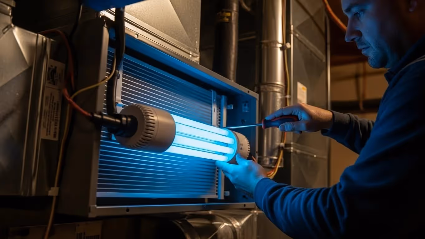 Technician securing a glowing UV-C light fixture near an HVAC evaporator coil during maintenance.