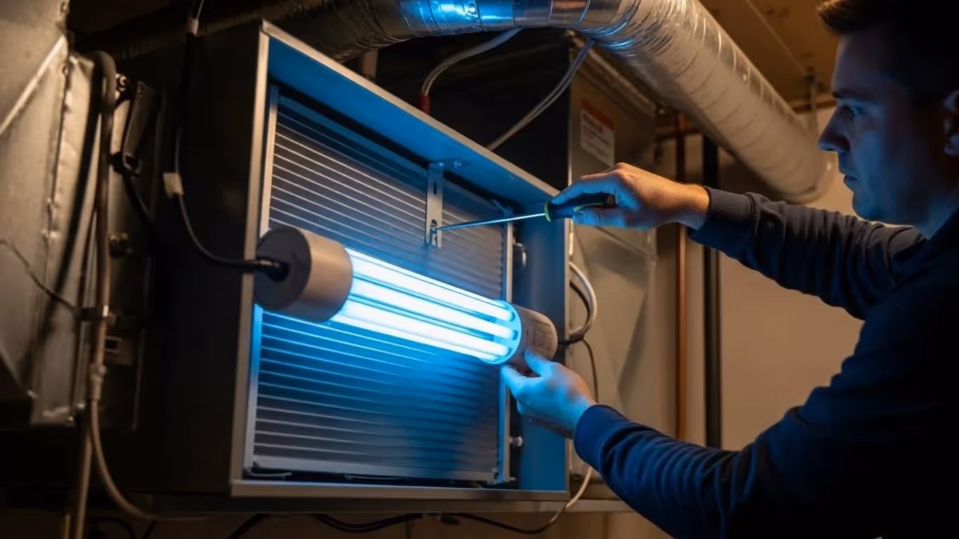 Technician installing a glowing UV-C lamp in front of HVAC evaporator coil using a screwdriver.