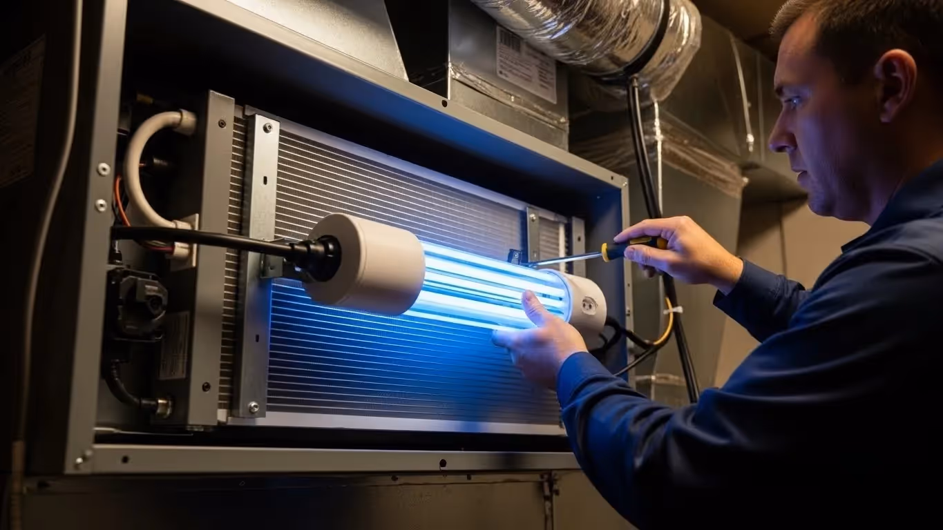 Technician securing a glowing UV-C light fixture near HVAC evaporator coil during installation or servicing.