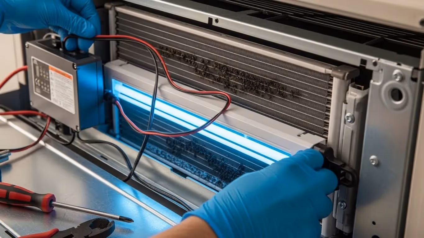 Gloved technician installing illuminated UV-C light system inside HVAC unit with visible wiring, tools, and coil buildup.