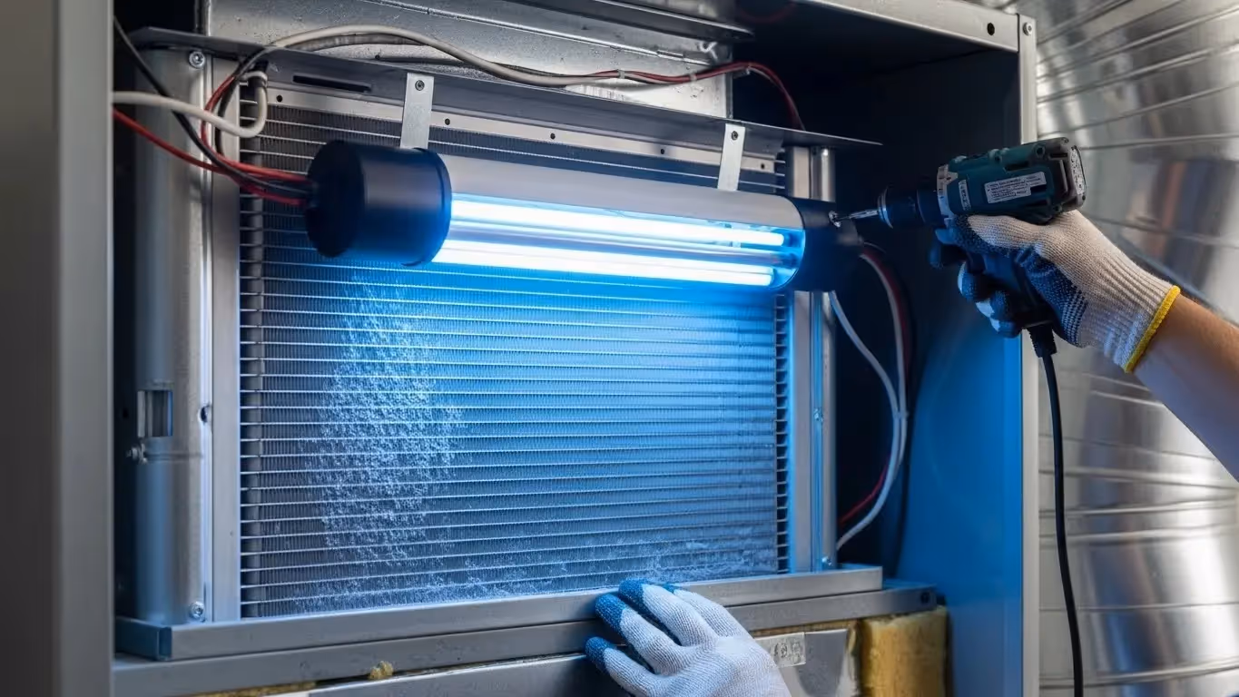 Gloved technician using power drill to install glowing UV-C light above dusty HVAC coil inside metal ductwork.