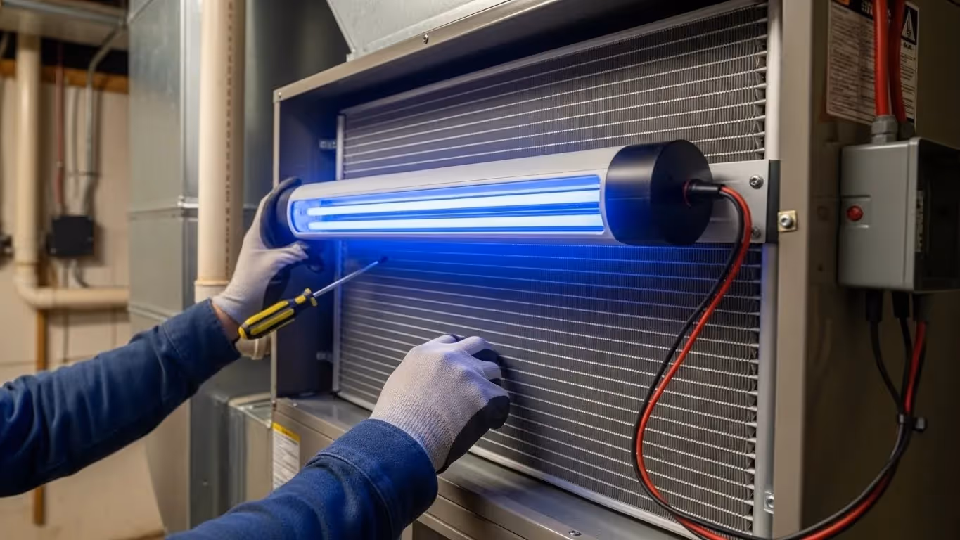 Gloved technician using screwdriver to secure glowing UV-C light fixture in front of HVAC evaporator coil in utility room.