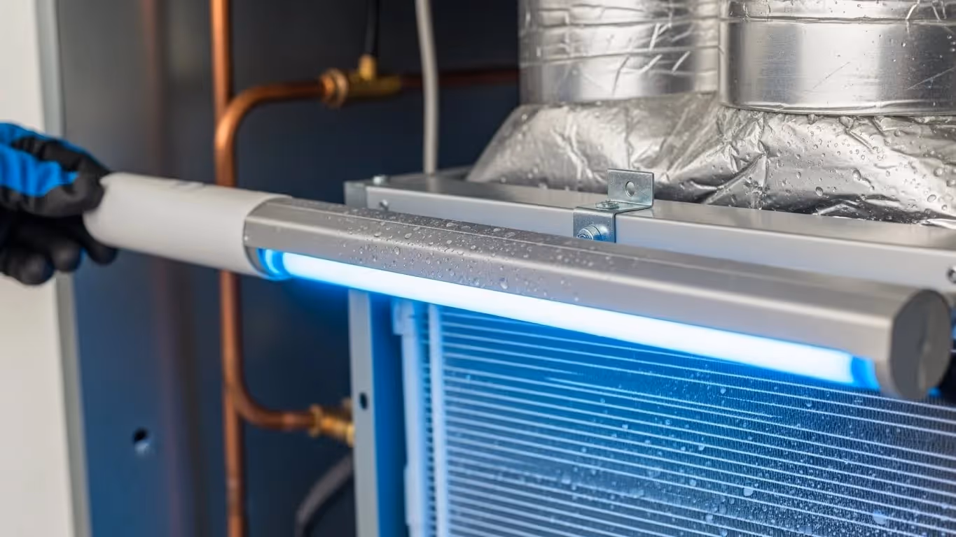 Gloved technician holding UV-C light fixture near HVAC evaporator coil with condensation and copper piping.