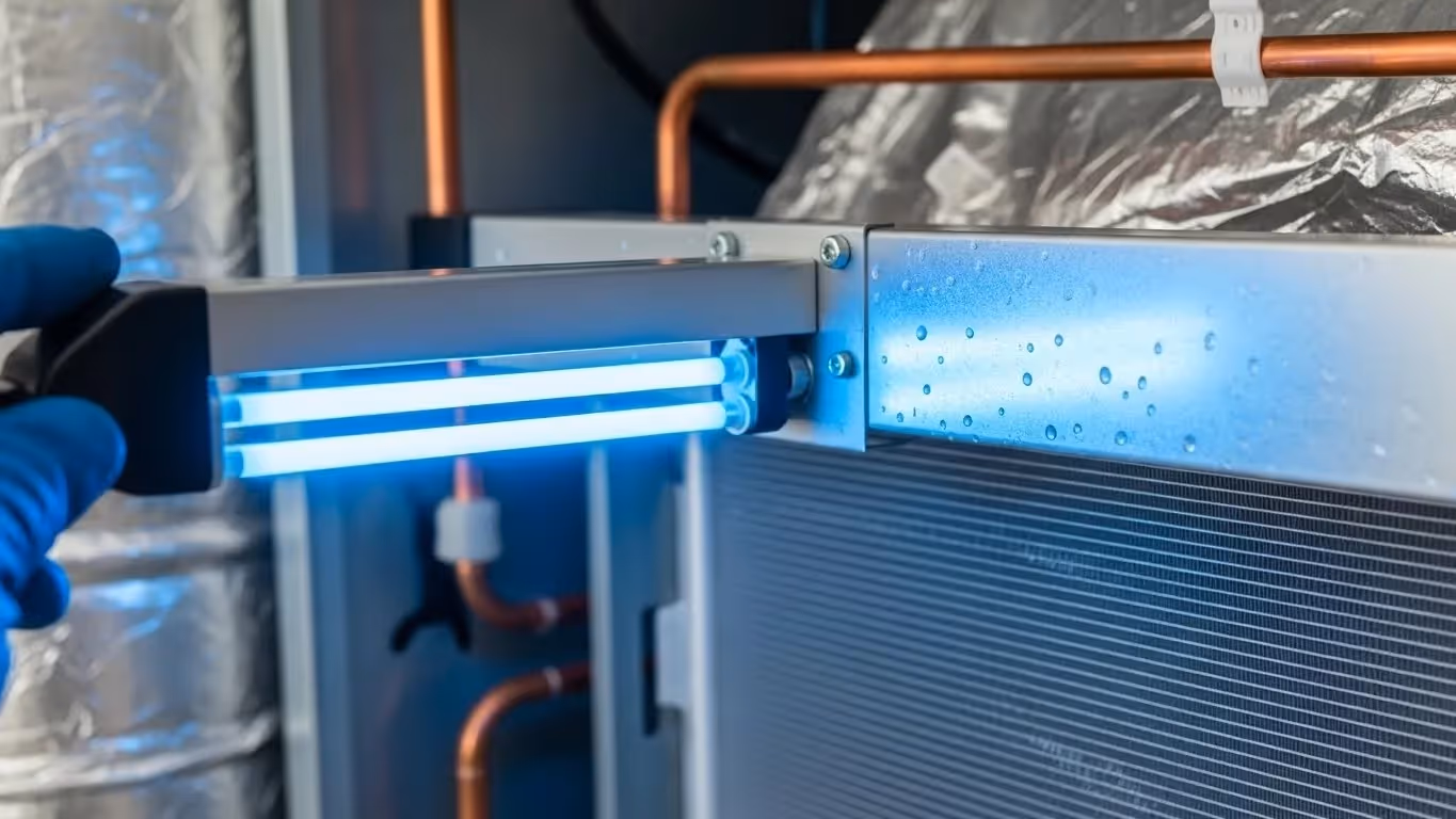 Gloved technician holding glowing UV-C light fixture near HVAC evaporator coil with condensation, copper piping, and insulation.