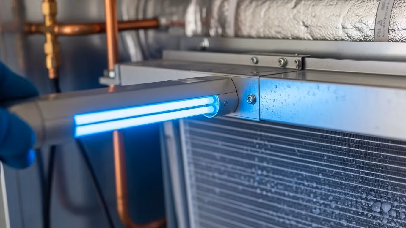 Glowing UV-C light fixture mounted near HVAC evaporator coil with condensation, copper piping, and insulated ductwork.