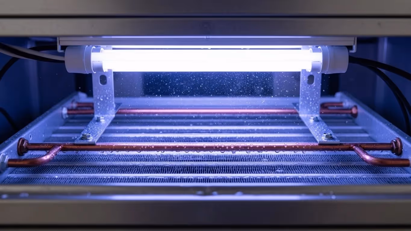 Glowing UV-C light mounted above HVAC evaporator coil with condensation droplets, copper tubing, and metal fins.