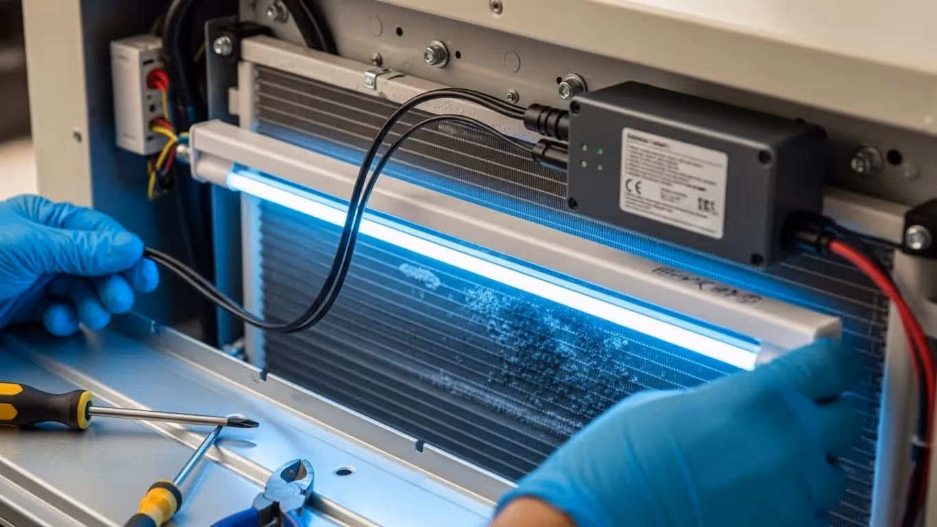 Gloved technician installing illuminated UV-C light near dirty HVAC coil with wiring and tools visible.