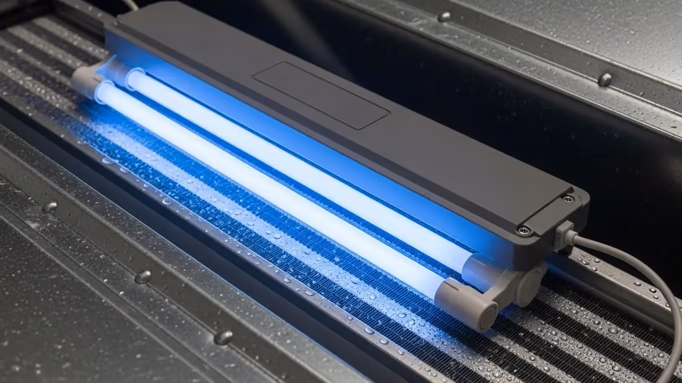 Close-up of HVAC UV-C sterilizer with glowing tubes and water droplets on surrounding metal surfaces.
