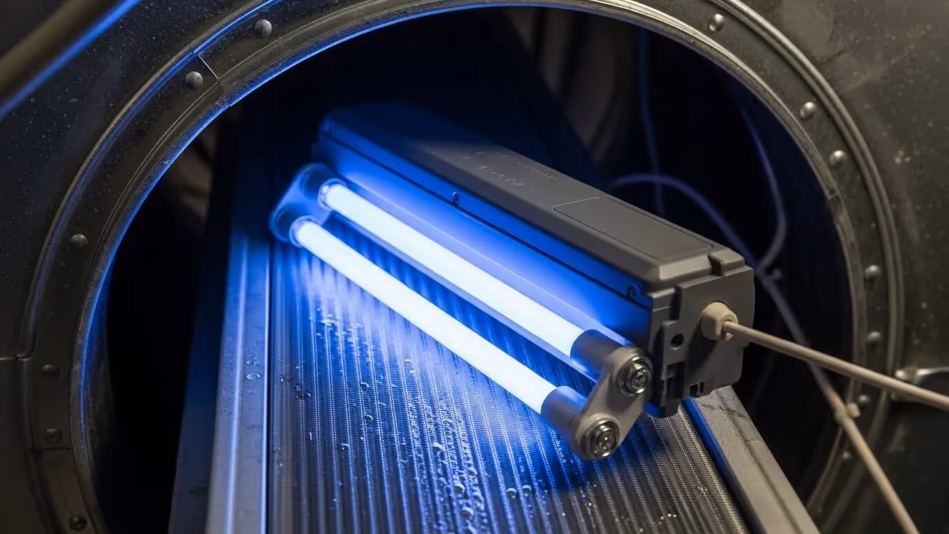 Close-up of HVAC UV-C sterilizer with glowing tubes mounted on metallic surface with visible condensation.