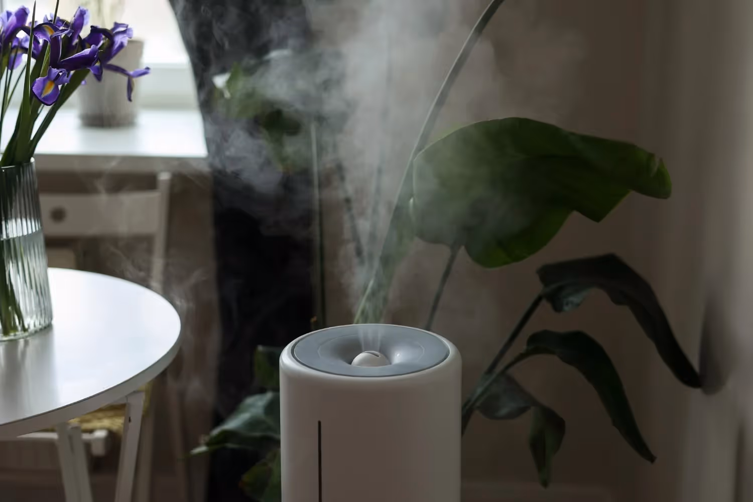 Close-up of a white humidifier releasing a plume of mist. A vase of purple irises and large leafy green plants are softly blurred in the background.