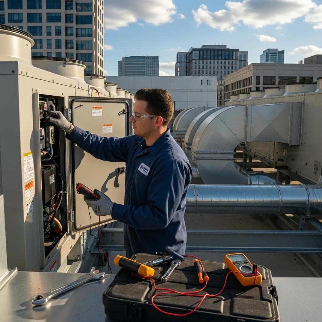 Professional HVAC technician servicing a commercial HVAC system in a modern office environment