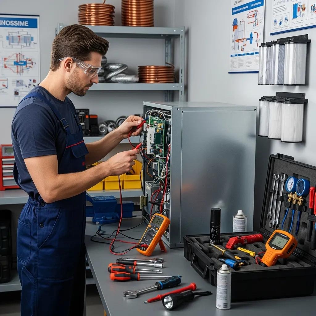 HVAC technician inspecting system components in a well-organized maintenance workshop