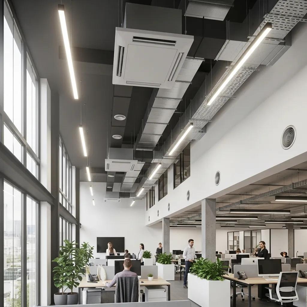 Modern energy-efficient HVAC system installed in a commercial building, enhancing air quality and comfort