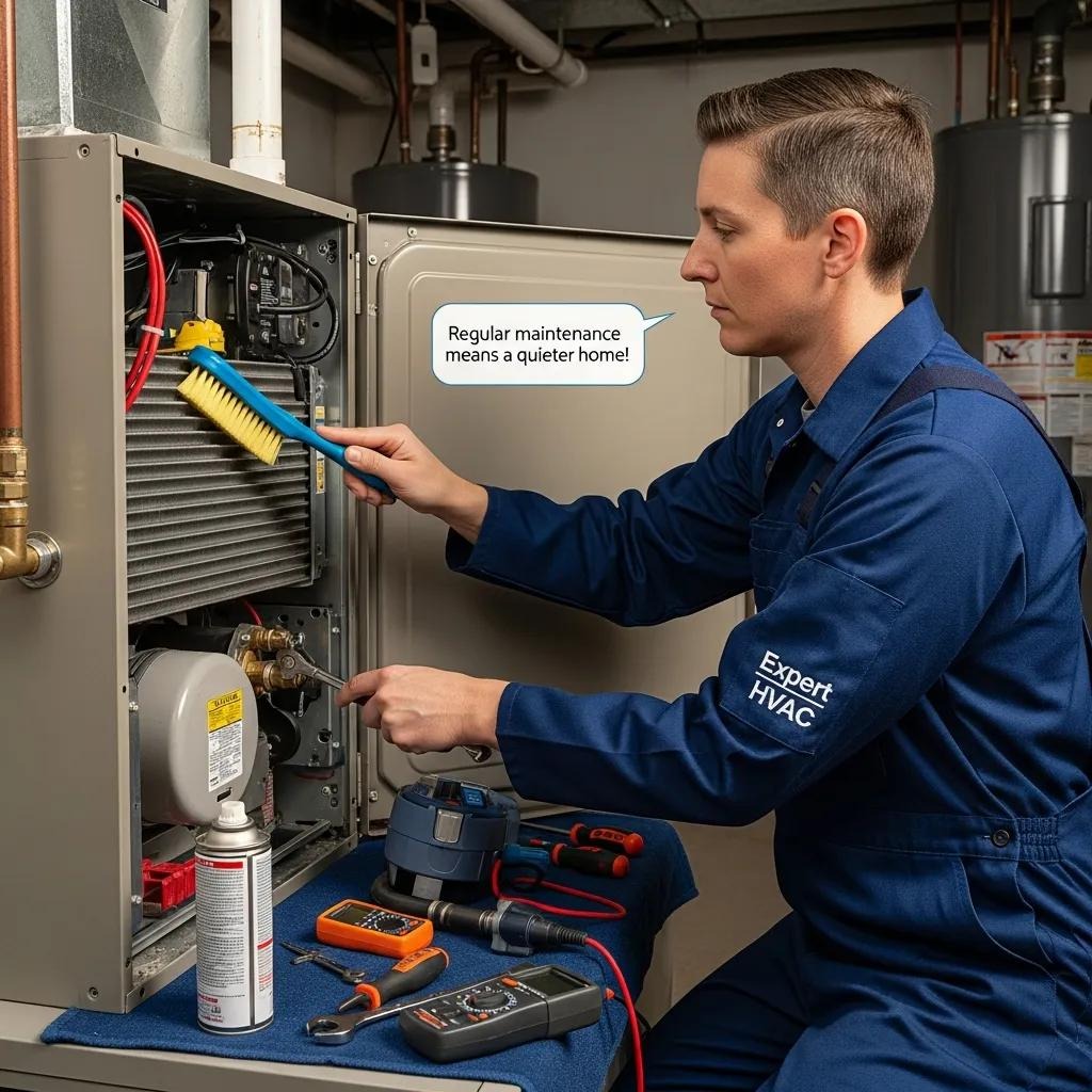 Technician performing maintenance on a furnace to reduce noise issues