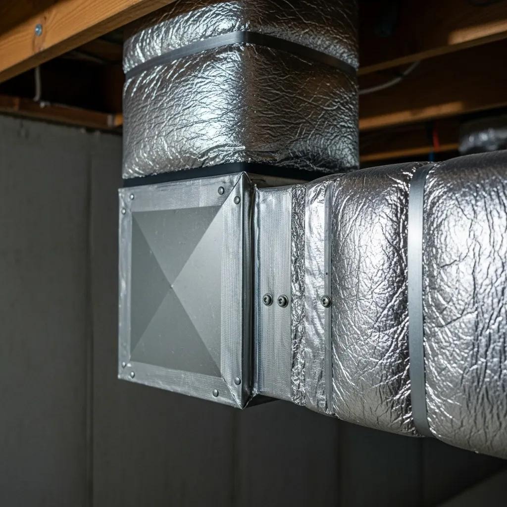 Close-up of insulated ductwork showing secure fittings to reduce HVAC noise