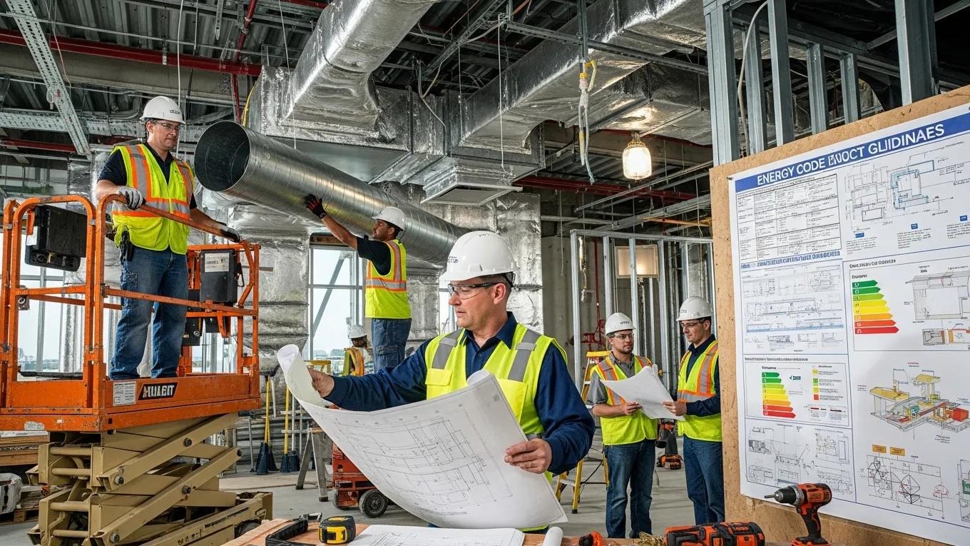 Workers installing HVAC systems at a construction site, emphasizing compliance with energy codes