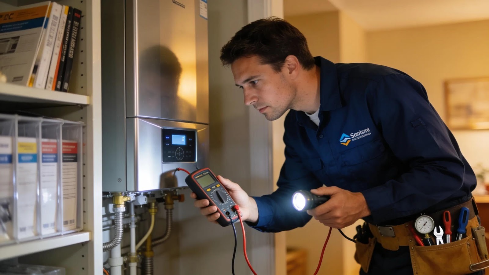Certified HVAC technician inspecting a heating system in a residential setting