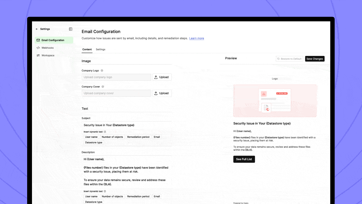 Animated graphic illustrating Cyera's new Email Engagement
