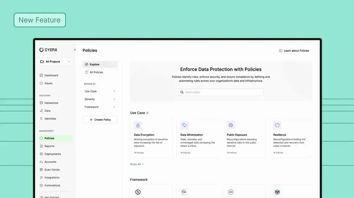 Animated demonstration of Cyera’s Policy Catalog interface for managing data security policies