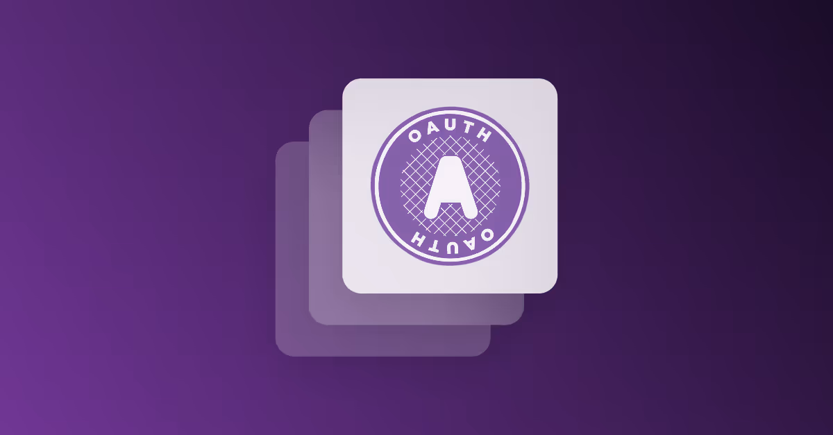 Purple OAuth token icon with a white 'A' on a square card layered over two other translucent square cards on a dark purple background.