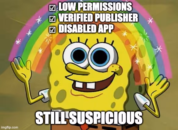 SpongeBob SquarePants with a rainbow above his hands and text listing app features but labeled as suspicious.