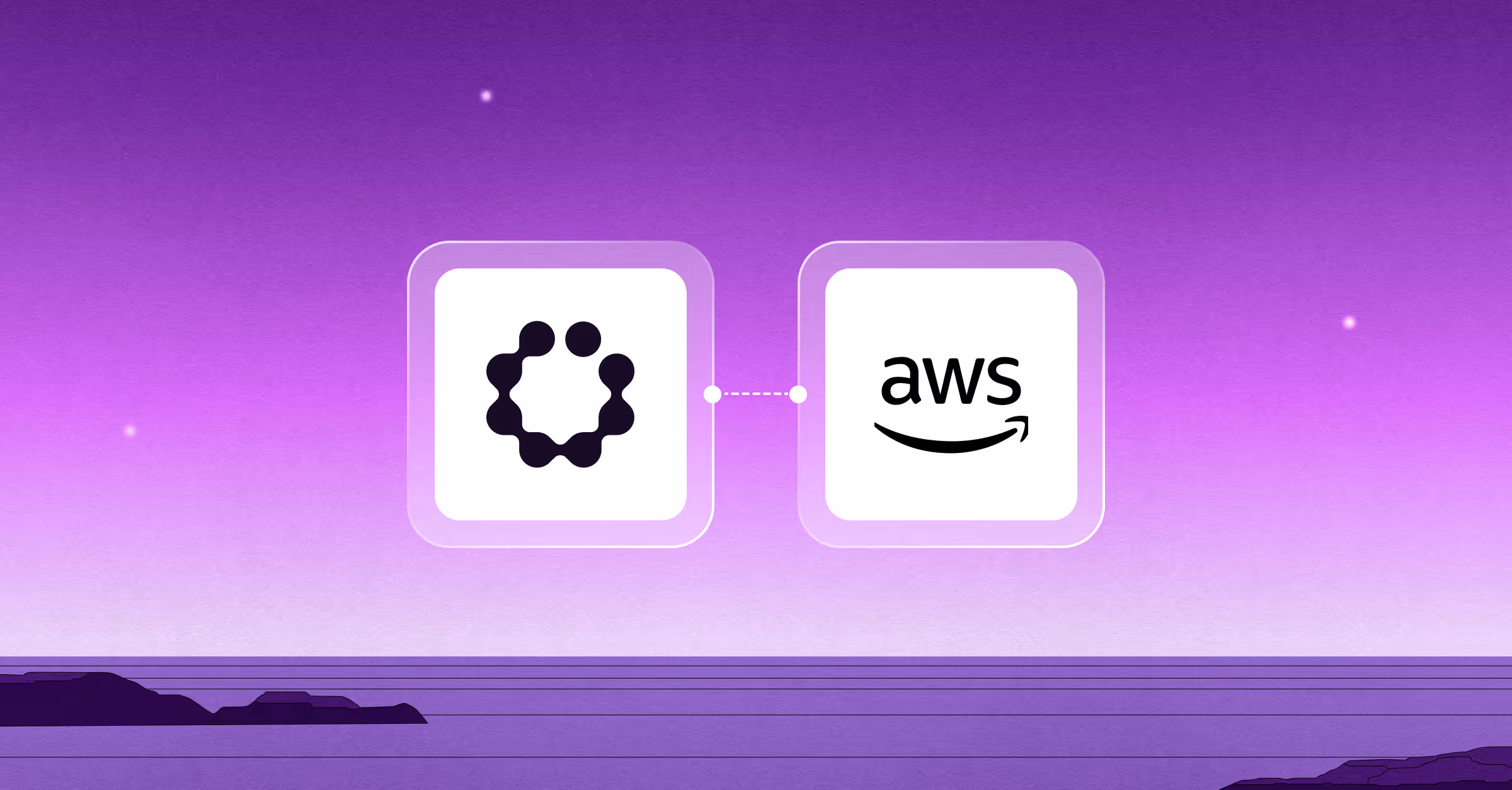 Cyera and AWS logos connected by a dotted line on a purple gradient background with a stylized ocean and rocky shore silhouette.