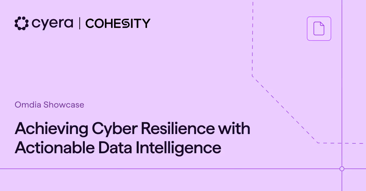 Cyera and Cohesity logos with the text 'Omdia Showcase Achieving Cyber Resilience with Actionable Data Intelligence' on a purple background.