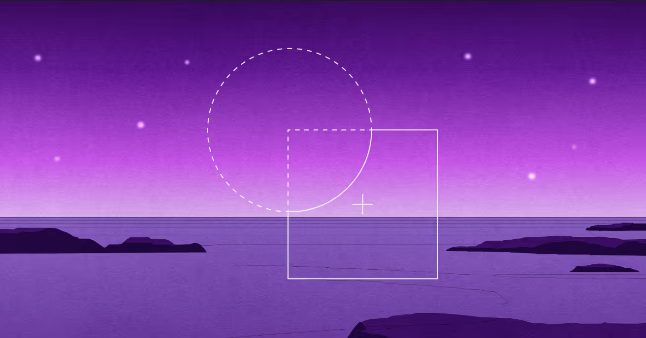 Purple-toned digital seascape with islands, stars, and overlay of white geometric shapes including a circle and square with a plus sign.