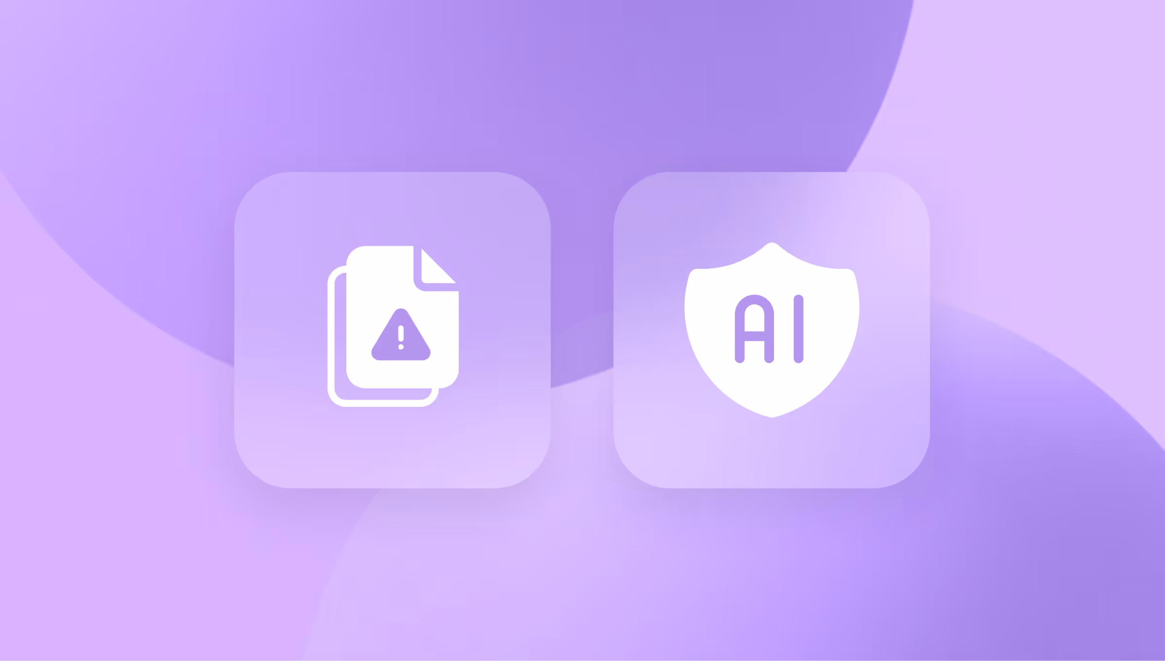 Two purple square icons on a purple gradient background; left icon shows a document with an exclamation warning symbol, right icon shows a shield with 'AI' inside.