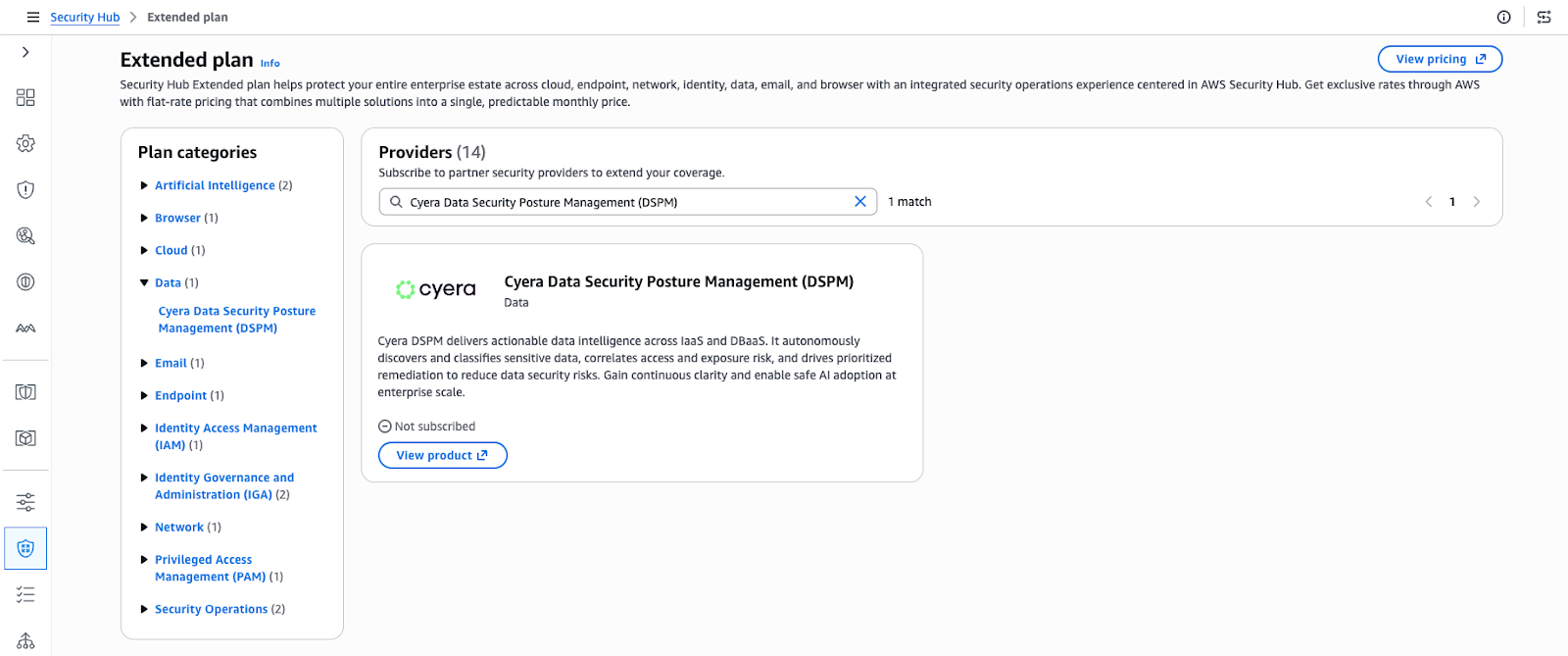 Cyera DSPM integration within the AWS Security Hub Extended plan console showing data risk assessment and AI security compliance dashboard.